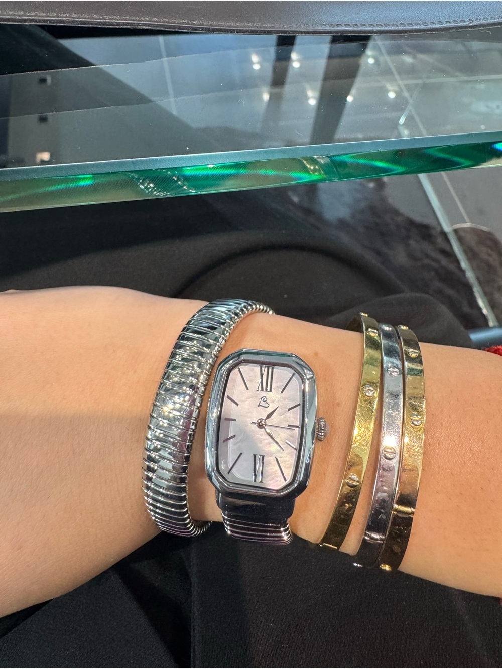 Colleen Lopez Silvertone Gemstone Dial Tubogas Coil Bracelet Watch